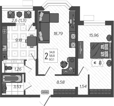 2-комн., 58.8 м², 1/9 этаж, ЖК «AVAnta»