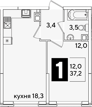2-комн., 37.2 м², 3/16 этаж, ЖК «Самолет»