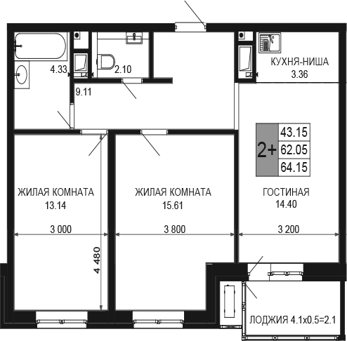 3-комн., 62.05 м², 3/16 этаж, ЖК «Сегодня»