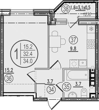 1-комн., 32.4 м², 4/9 этаж, ЖК «Спортивная деревня»