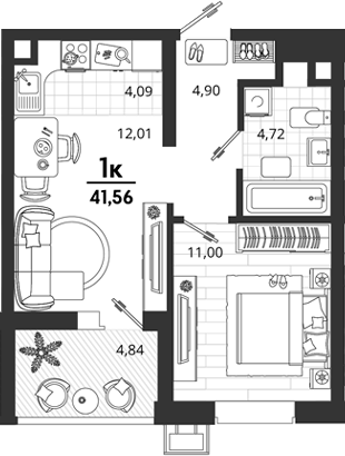 1-комн., 36.72 м², 2/18 этаж, ЖК «Родные Просторы»