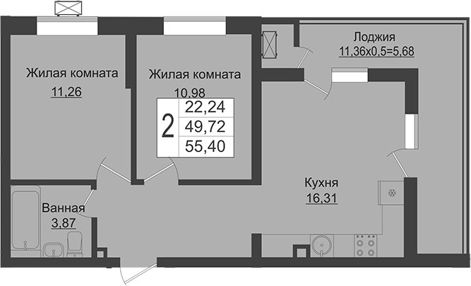 3-комн., 49.72 м², 1/16 этаж, ЖК «Зеленый театр»