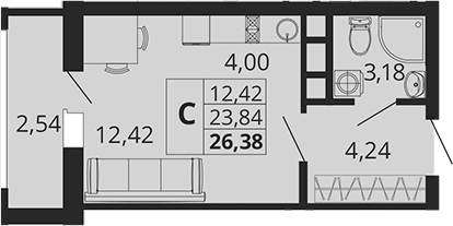 Студия, 23.84 м², 2/18 этаж, ЖК «Родные Просторы»