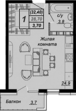 Студия, 28.7 м², 10/15 этаж, ЖК «Чайные Холмы»