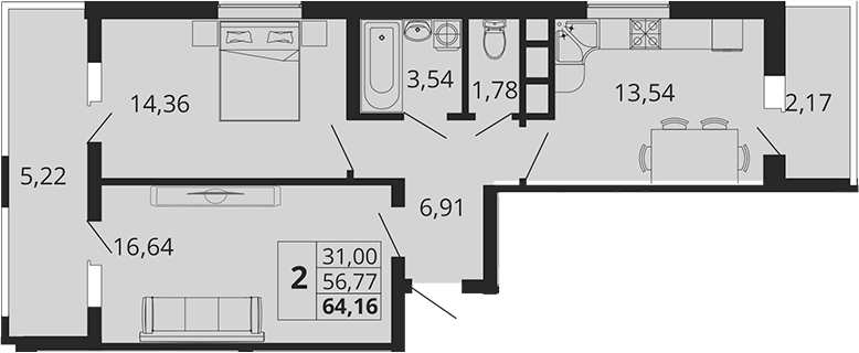 2-комн., 56.77 м², 5/18 этаж, ЖК «Родные Просторы»