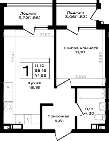 1-комн., 38.16 м², 3/9 этаж, ЖК «ЮЖНО»