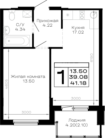 1-комн., 39.08 м², 4/4 этаж, ЖК «Усадьба Гостагаевская»