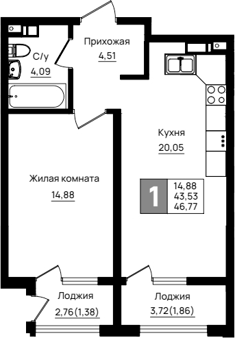 1-комн., 43.53 м², 6/9 этаж, ЖК «Резиденция морей»