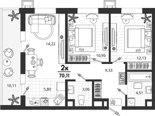 2-комн., 60 м², 2/18 этаж, ЖК «Родные Просторы»