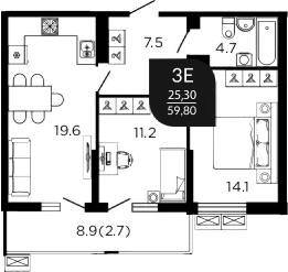 3-комн., 58.5 м², 19/23 этаж, ЖК «Отражение»