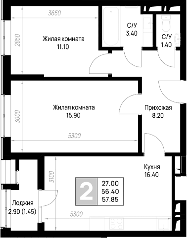 2-комн., 56.4 м², 9/9 этаж, ЖК «На высоком берегу»