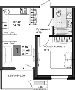 1-комн., 34.95 м², 2/8 этаж, ЖК «МОНО квартал»