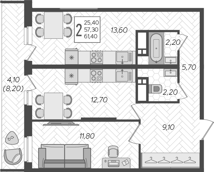 2-комн., 57.3 м², 9/16 этаж, ЖК «Зеленодар»