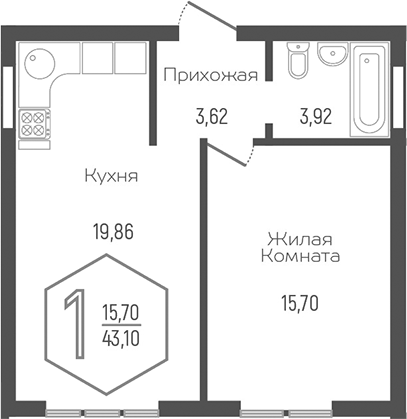 2-комн., 43.1 м², 1/3 этаж, ЖК «Гарантия в Немецкой Деревне»
