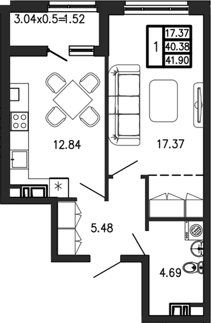 1-комн., 40.38 м², 1/7 этаж, ЖК «Суворов»