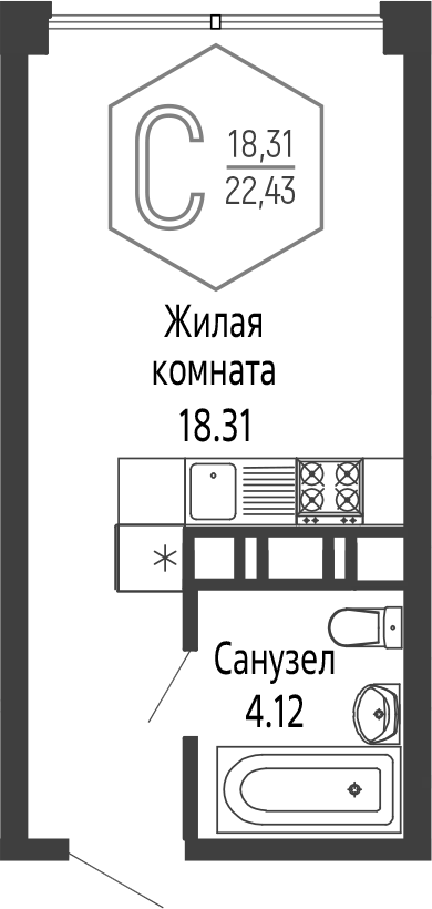 Студия, 22.43 м², 22/24 этаж, ЖК «Гарантия PRIME»