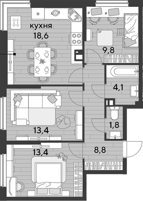 3-комн., 69.9 м², 9/16 этаж, ЖК «DОГМА ПАРК»
