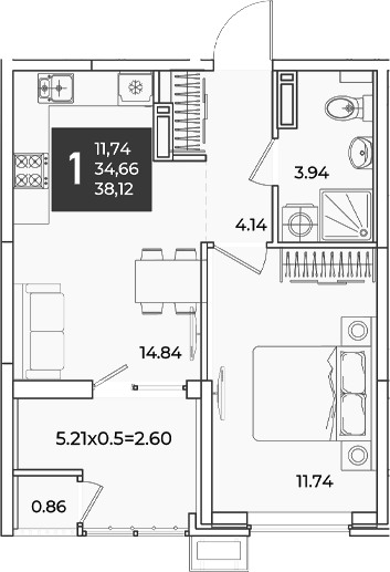 1-комн., 34.66 м², 13/18 этаж, ЖК «Образцово»