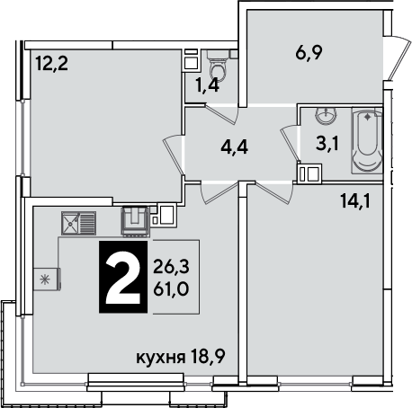 3-комн., 61 м², 6/16 этаж, ЖК «Самолет»