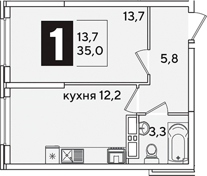 1-комн., 35 м², 11/16 этаж, ЖК «Самолет»