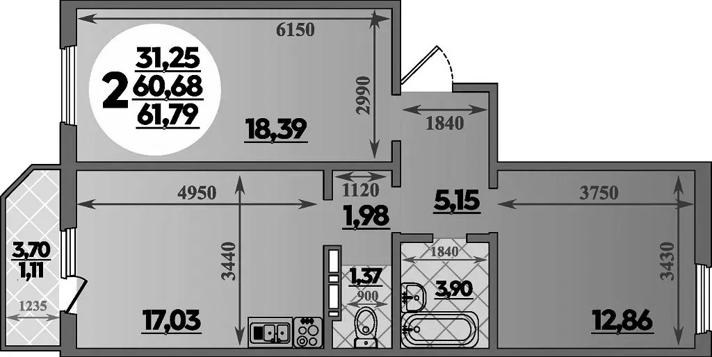 Продается 2-комн. квартира, 60.68 м²