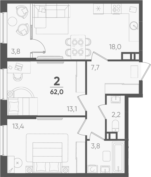 2-комн., 58.2 м², 8/9 этаж, ЖК «Барса»