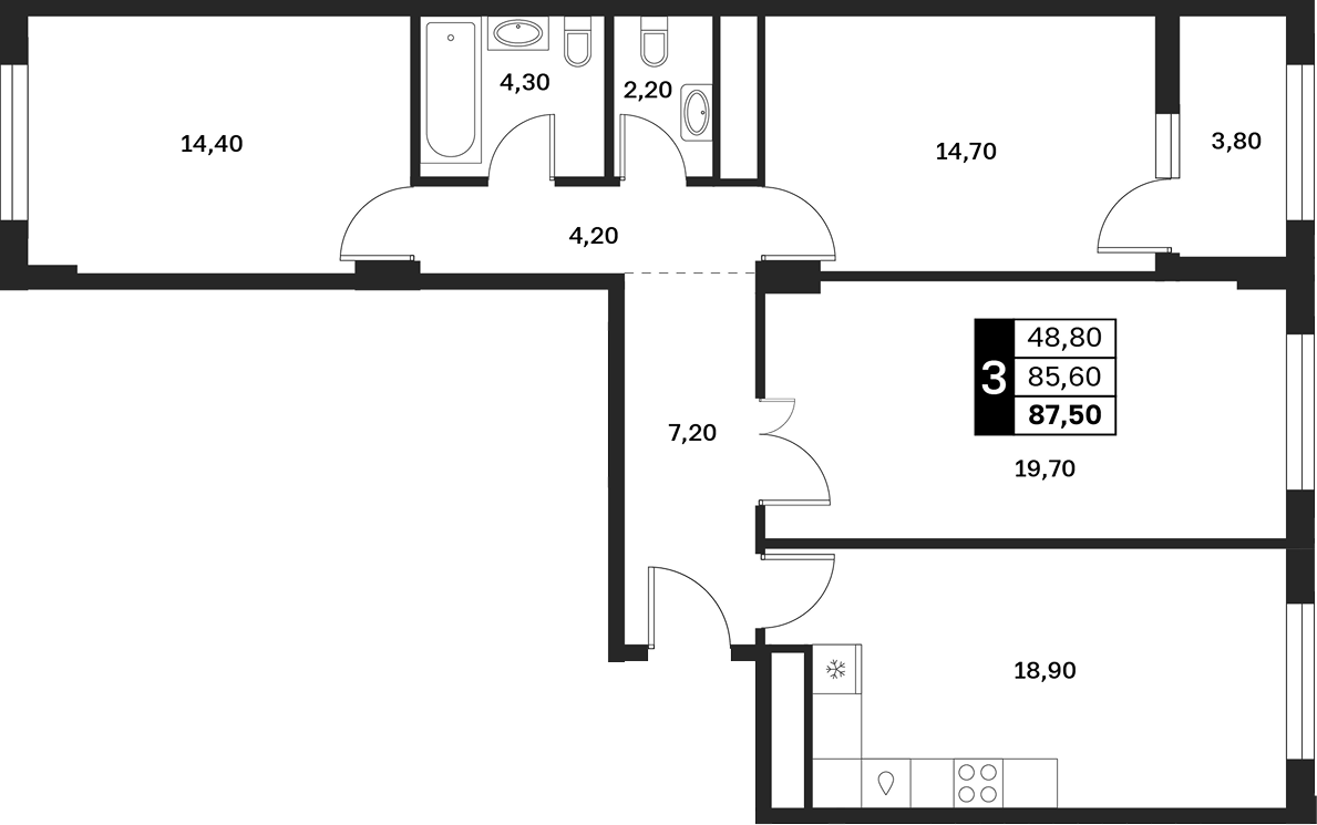 3-комн., 85.6 м², 8/9 этаж, ЖК «Аксис Патриот»
