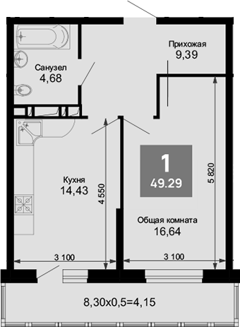 1-комн., 45.14 м², 14/15 этаж, ЖК «Лучший»