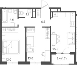 3-комн., 54.5 м², 3/24 этаж, ЖК «Все Свои VIP»