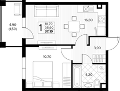 1-комн., 35.6 м², 1/7 этаж, ЖК «Кипарис»