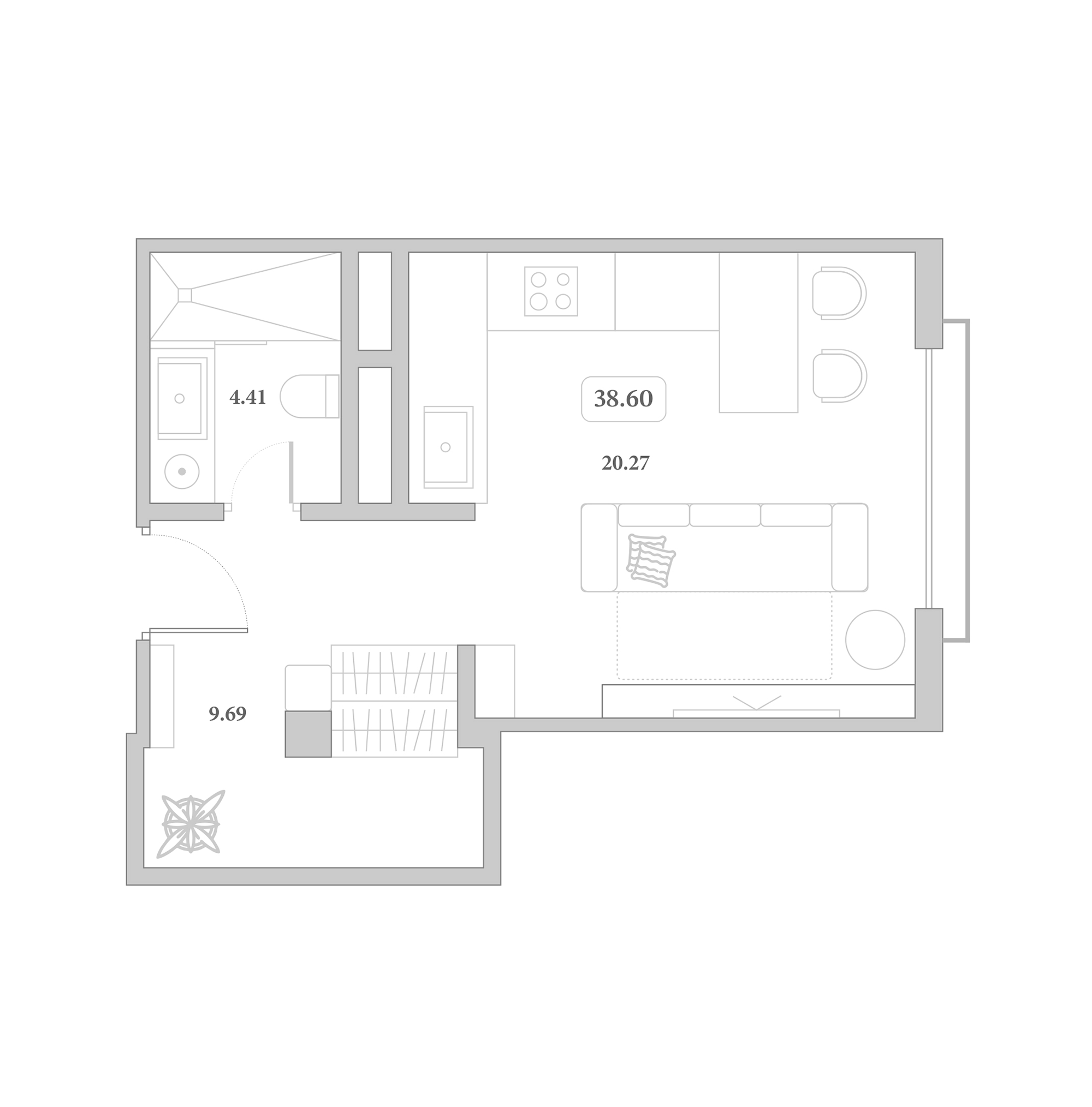 Студия, 36.9 м², 1/7 этаж, ЖК «Граф Толстой»
