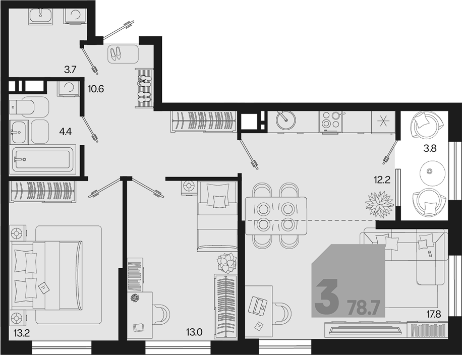 3-комн., 74.9 м², 10/18 этаж, ЖК «Первое место»