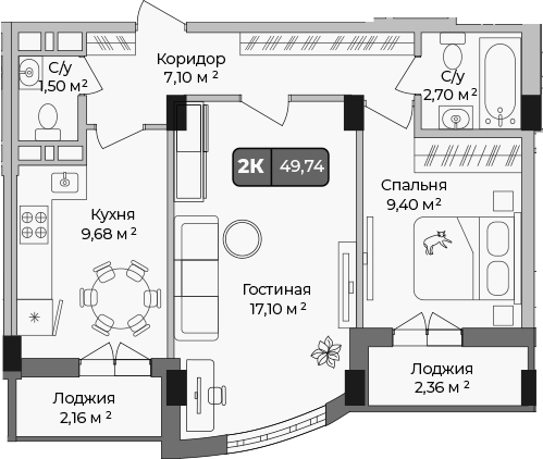 2-комн., 47.48 м², 9/9 этаж, ЖК «Опера»
