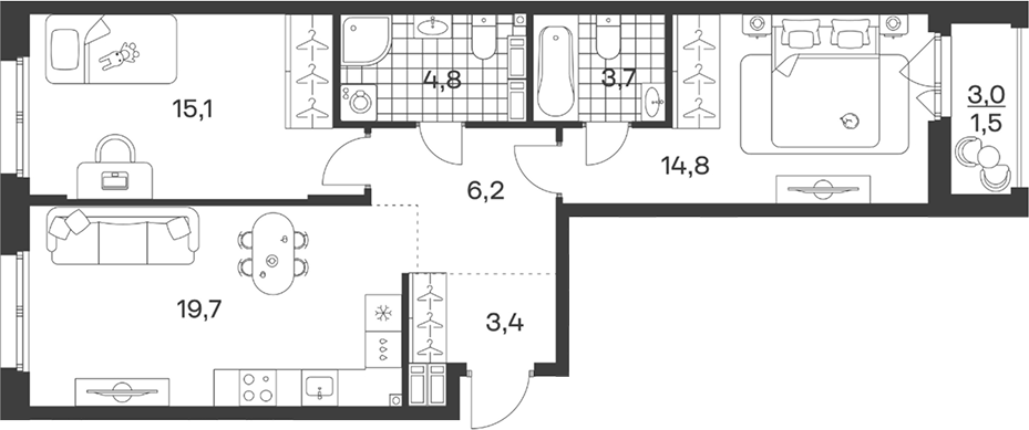 3-комн., 67.7 м², 3/9 этаж, ЖК «Символ. ГК Трест»