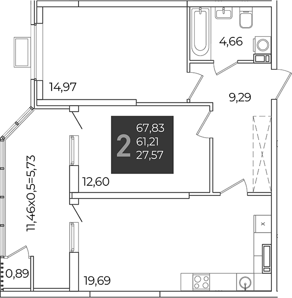 2-комн., 61.21 м², 21/21 этаж, ЖК «Образцово»