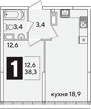 2-комн., 38.3 м², 16/16 этаж, ЖК «Самолет»