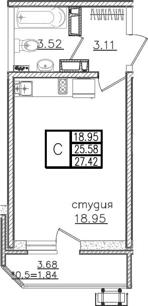 Студия, 25.58 м², 19/23 этаж, ЖК «Урал»