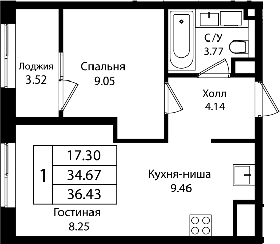 2-комн., 34.67 м², 13/18 этаж, ЖК «Патрики»