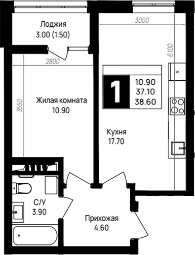1-комн., 37.1 м², 6/9 этаж, ЖК «На высоком берегу»