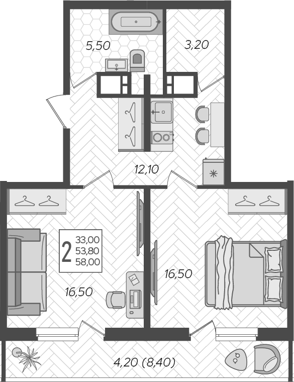 2-комн., 53.8 м², 8/16 этаж, ЖК «Зеленодар»