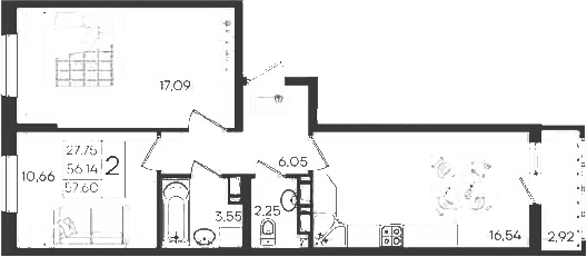 Продается 2-комн. квартира, 56.14 м²