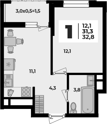 1-комн., 31.3 м², 2/8 этаж, ЖК «Родной дом 5»
