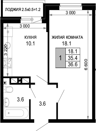 1-комн., 35.4 м², 12/16 этаж, ЖК «Дыхание»