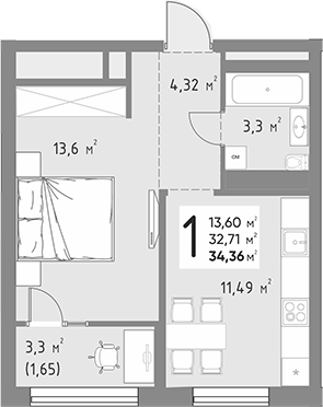 1-комн., 32.71 м², 7/9 этаж, ЖК «Коллекция»