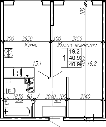 1-комн., 40.9 м², 4/4 этаж, ЖК «Эво»