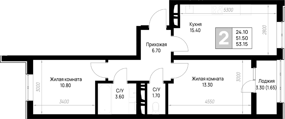 2-комн., 51.5 м², 8/9 этаж, ЖК «На высоком берегу»