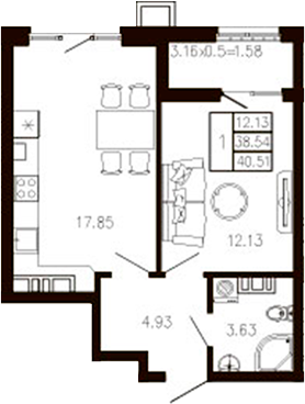 1-комн., 38.92 м², 8/9 этаж, ЖК «Суворов»
