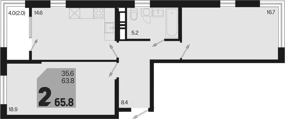 2-комн., 63.8 м², 14/18 этаж, ЖК «Первое место»