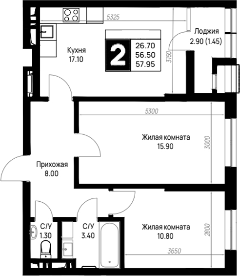 2-комн., 56.5 м², 6/12 этаж, ЖК «На высоком берегу»
