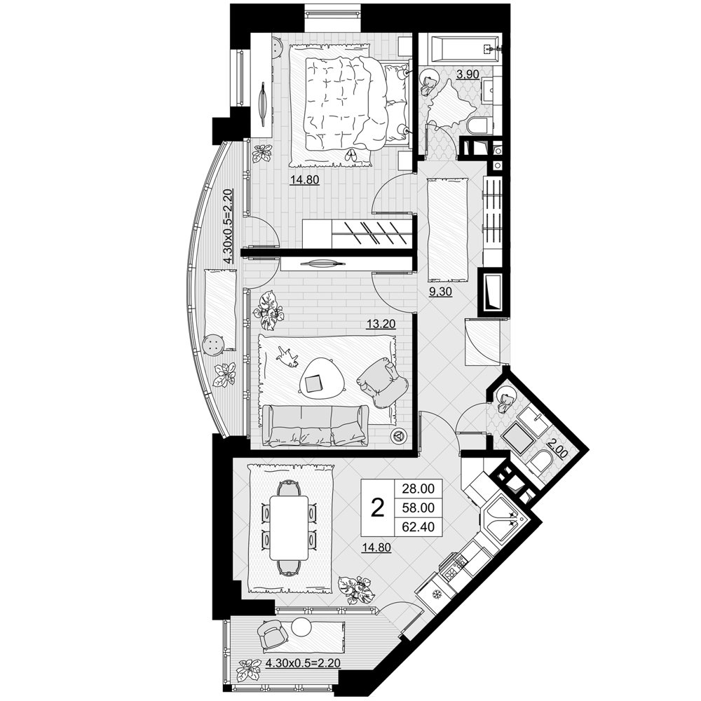 2-комн., 58 м², 4/12 этаж, ЖК «Песчаный»